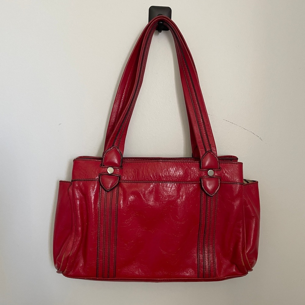 Kate Landry Red Leather Shoulder Bag Zebra Print Lining Multi Compartment Tote‎